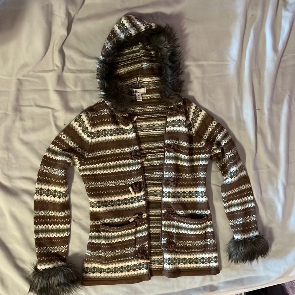 Fur trim hoodie cardigan
